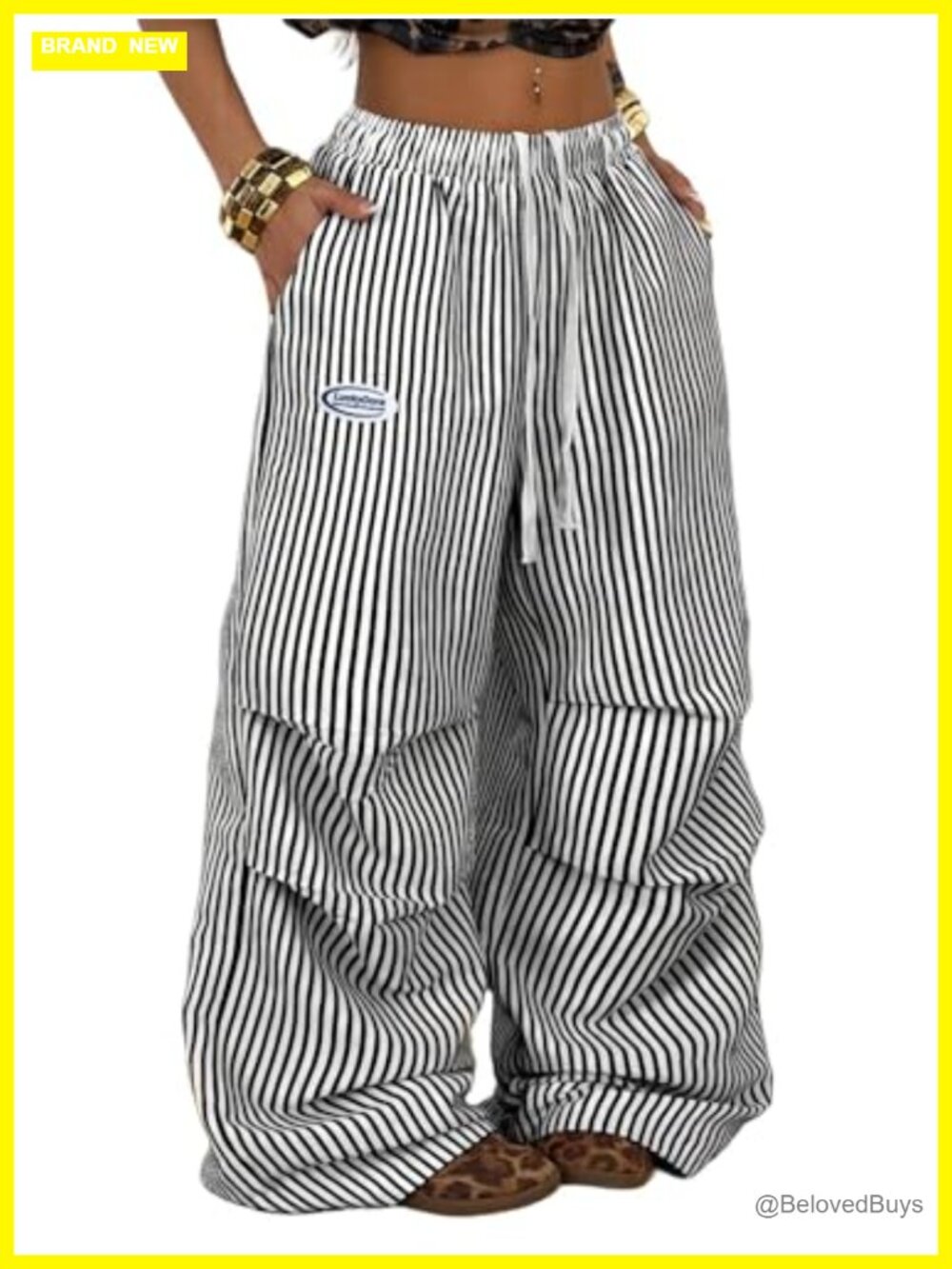 Striped Wide Leg Cargo Pants High Waisted Drawstring Lounge Trousers